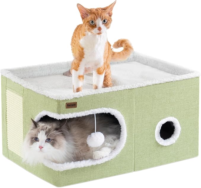 Cat Bed for Indoor Cats Cube House, Covered Cat Cave Beds & Furniture with Scratch Pad and Hideaway Tent, Cute Modern Cat Condo for Multi Small Pet Large Kitten Kitty, Large, Green