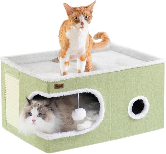 Cat Bed for Indoor Cats Cube House, Covered Cat Cave Beds & Furniture with Scratch Pad and Hideaway Tent, Cute Modern Cat Condo for Multi Small Pet Large Kitten Kitty, Large, Green