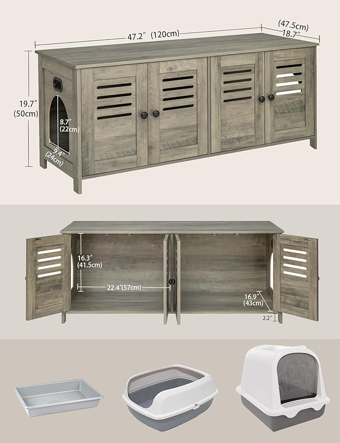 DINZI LVJ Litter Box Enclosure for 2 Cats, Hidden Litter Box Furniture with Double Rooms, Dual Cat Litter House, Front Doors, 47.2" Wooden Hidden Cat Washroom, Side End Table, TV Stand, Gray Wash