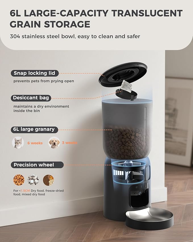 AI Automatic Cat Feeder with Dual Cameras (1 Adjustable), 2K HD Night Vision, 5G/2.4G WiFi, 6L Automatic Pet Feeder with APP Control, Laser Interactive Toy, Two-Way Audio & Scheduled Feeding