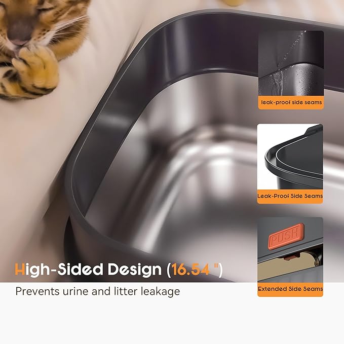 Odor Control XL Stainless Steel Litter Box，3-in-1 Enclosed High Sided Litter Box with High Lid for Big Cats，Non-Sticky，Anti-Leakage，Easy Clean，with Scoop & Filter Pedal