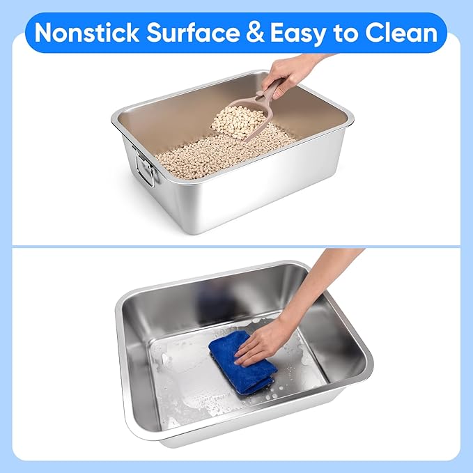 Stainless Steel Litter Box with Handle for Cat and Rabbit, 17.5" L x 13.5" W x 6" H, Odor Control Litter Pan, Fold-able Feeding Plate, Non Stick Smooth Surface