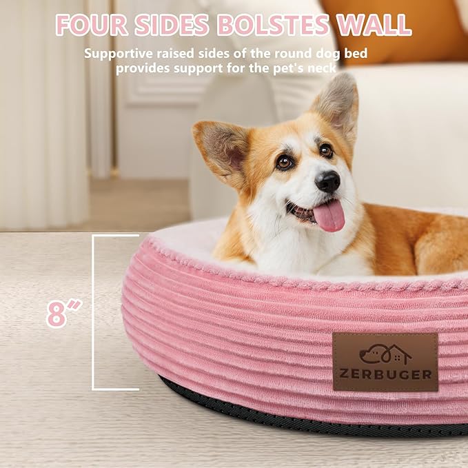 30in Round Dog Bed Sofa for Small/Medium/Large Dogs, Machine Washable Supportive Foam Pet Couch with Washable Removable Mat and Non-Slip Bottom, Pet Cuddler for Indoor/Outdoor/Car/Cage, Pink