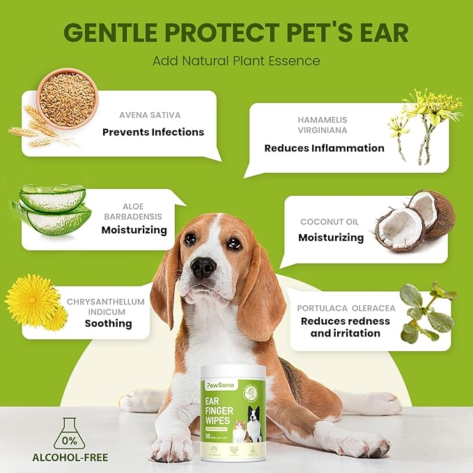 Dog Ear Finger Wipes for Dogs & Cats, Thicker Dog Ear Cat Ear Cleaner Wipes, Natural Relief Dog Ear Cleaning Wipes, Effectively Remove Ear Wax for Dog Kitten, Aloe Scent Deodorizing, 100 Count