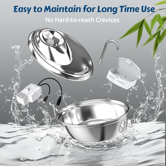 ORSDA Cat Water Fountain Stainless Steel, Cat Fountains for Drinking, 67oz/2L Automatic Pet Fountain Water Dispenser with Water Level Window for Cats and Small Dogs- 4Pcs Filters (D36-F)