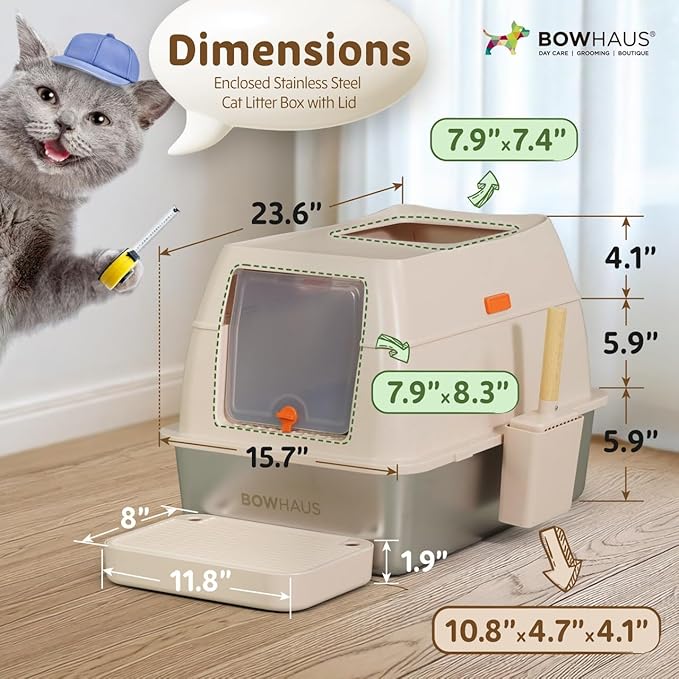 XL 3 in 1 Enclosed Extra Large Metal Litter Box w/Lid, Stainless Steel Cat Litter Box, Odorless Steel Litter Pan, Anti-Leakage & Easy Clean, High Sided Metal Litter Box w/Scoop, Beige