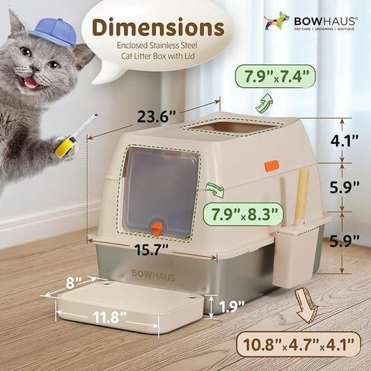 XL 3 in 1 Enclosed Extra Large Metal Litter Box w/Lid, Stainless Steel Cat Litter Box, Odorless Steel Litter Pan, Anti-Leakage & Easy Clean, High Sided Metal Litter Box w/Scoop, Beige