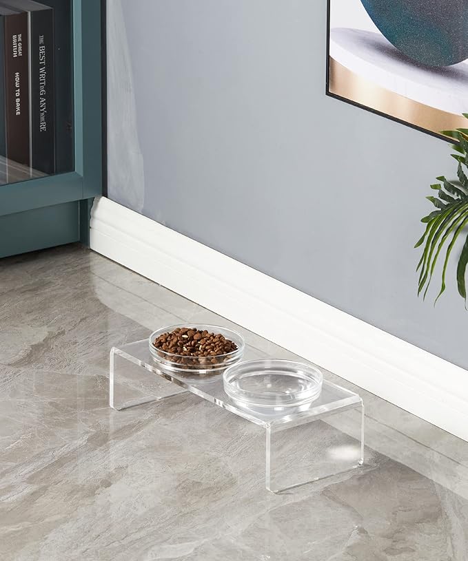 Acrylic Elevated Dog Cat Bowls Pet Feeder Double Bowl Raised Stand Comes with 2 Removable Glass Bowls and 2 Stainless Steel Bowls.Perfect for Cats Puppies Small Dogs
