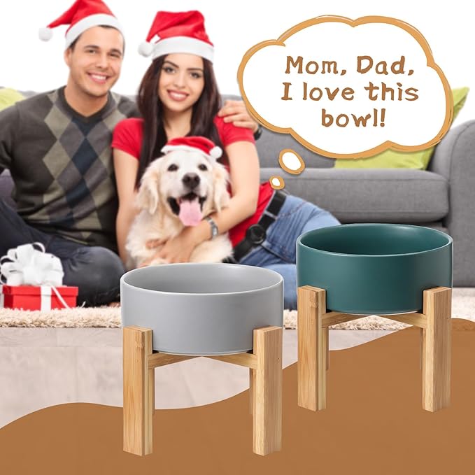 Elevated Ceramic Large Dog Bowl - Raised Dog Dish with Bamboo Stand - Heavy Weighted, No Tip Over, Comfortable Eating - 8.4" Diameter - 4.5 Cups - 68 fl oz - Grey