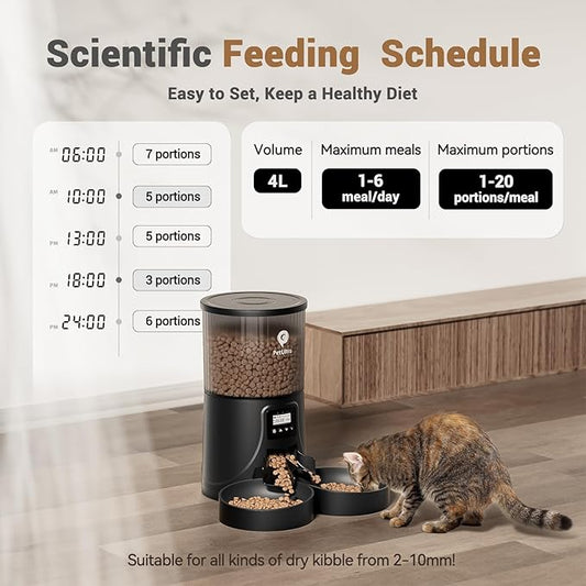 Automatic Cat Feeder for 2 Cats - 16 Cups/4L Timed Auto Pet Feeder with Portion Control (1-6 Meals), Dual Power& Easy to Clean for Indoor Cats & Small Dogs