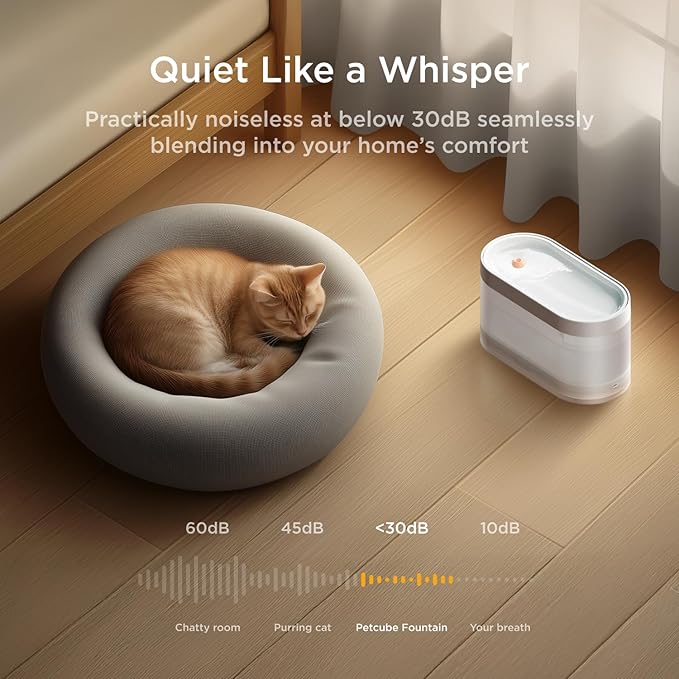 Petcube Pet Water Fountain | Automatic Wireless Water Fountain for Cats and Dogs with Ceramic Bowl, Easy to Clean, 4-Layer Filtration, in-App Filter Control, LED Light, Quiet Pump, Battery Operated