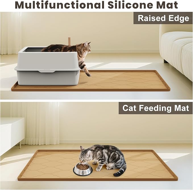 Cat Mat for Litter Box, 38" X 26" Silicone Cat Litter Trapping Mat, Easy Clean for Scatter Control, Soft on Kitty Paws, Waterproof, Urine-Proof, Non-Slip Kitty Litter Mat for Floor, Brown