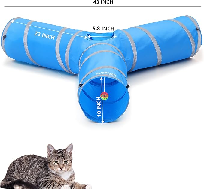 3 Way Cat Tube Tunnel - Indoor Cat Toy Tunnels Includes Crinkle Paper, Mouse Toy - Connect More Tunnels - Pop Up Collapsible - 10 Inch Diameter (Blue)