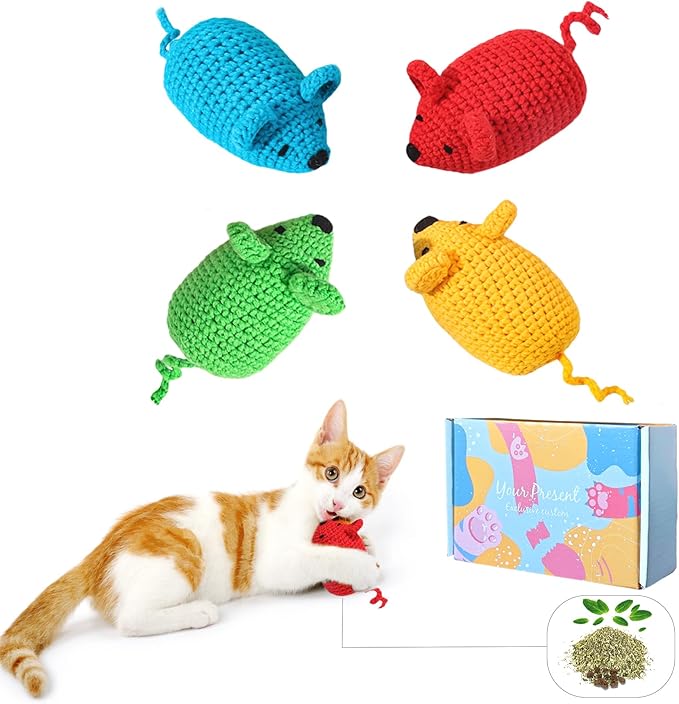 4Pcs Catnip Toys Crochet Mice Toys,Yarn Mouse Toys for Cats Cat Nip Mouse Toys Safe Teeth Cleaning Animals Chew Toy for Indoor Interactive Kittens Toy