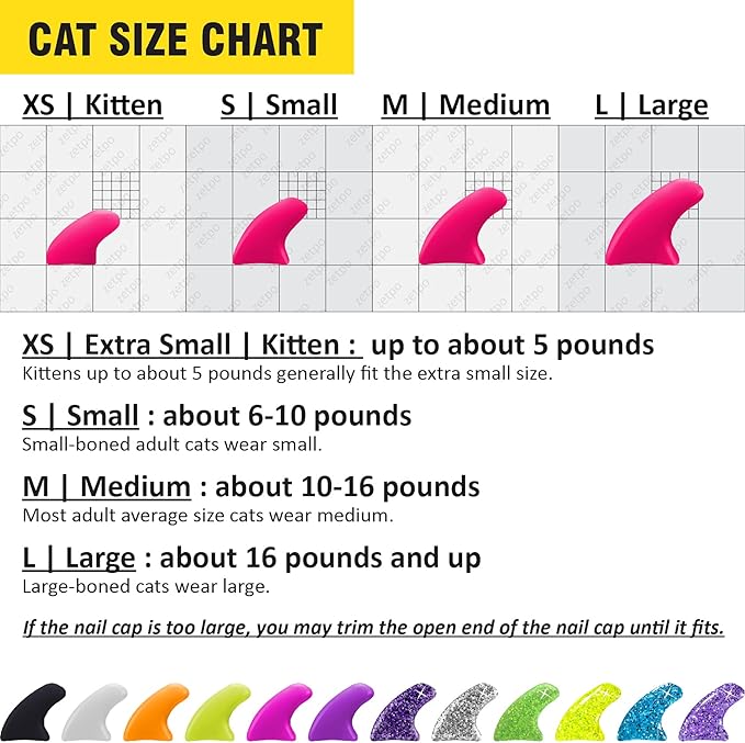 zetpo Cat Nail Caps | Cat Claw Covers | with Adhesives and Applicators (XS, 12x Colors/Luna | 120 pcs)