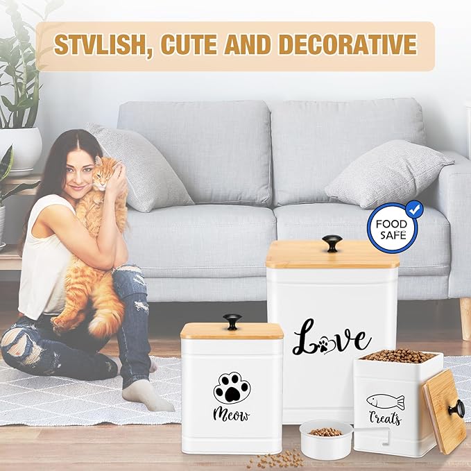 Metal Airtight Cat Food Containers Set of 3 with Bamboo Lids and Spoon 7+3+2 Lbs Cat Treat Storage Container Countertop with DIY Labels Pet Cookie Organizer Jars for Kitchen Counter(White)