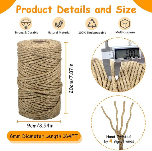 Jute Rope for Cat Scratch Post 1/4" Diameter 164 FT Cat Natural Hemp Rope Cat Tower Repair Rope Cat Tree Rope Replacement Recovering and DIY