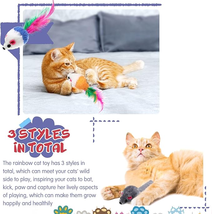 Sosation 100 Pcs Fur Cat Mouse Toys Assorted Interactive Cat Toys Rattle Sound Mice for Kitten Catch Play Indoor Interactive