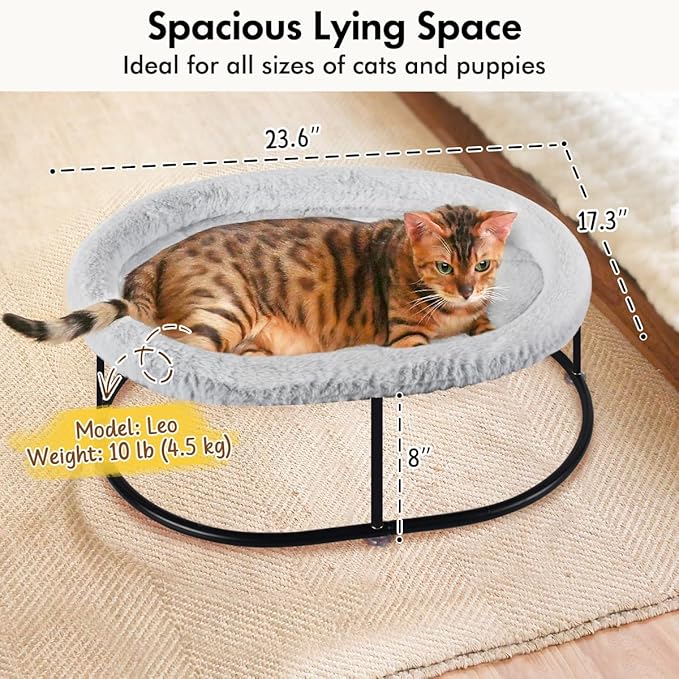 Elevated Cat Hammock Bed, Fluffy Warm Cuddle Bed with Detachable Pad, Raised Cuddler for Kittens, Small Dogs, Oval Grey