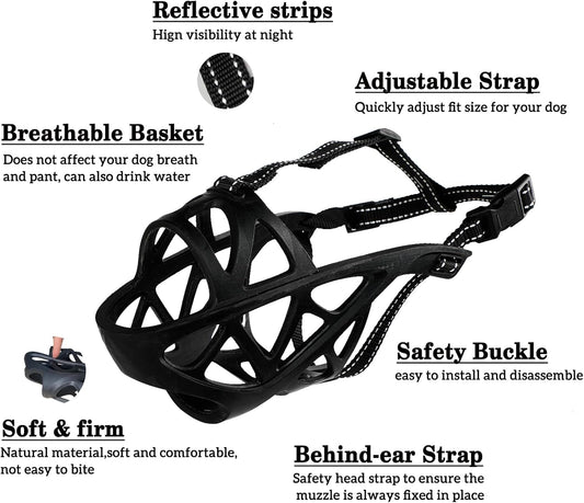 Dog Muzzle, Breathable Basket and Soft Cage Black Dog Mouth Cover,Anti-Biting, Barking and Chewing for Small Medium Large Dogs, 1 Pack Poop Bags for Dogs (XL)