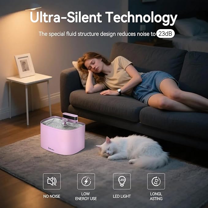 Cat Water Fountain, App Control Cat Fountain, 122oz/3.6L Pumpless Water Fountains for Cats Indoor with Stainless Steel Tray, Wi-Fi Dog and Pet Water Fountain (Pink, Fountain+2 Fliters)