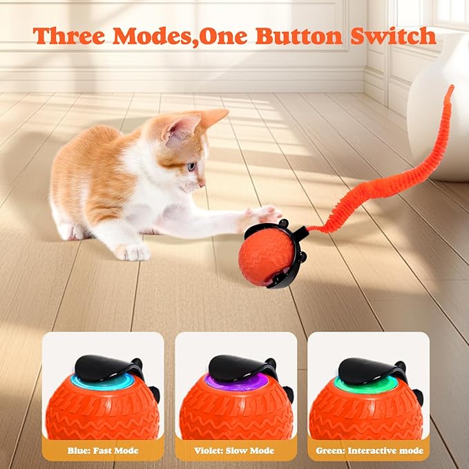 Interactive Cat Ball Toy, Upgraded Automatic Rolling Cat Ball with Tail 2.0 and Type C Cord, Touch Activated Moving Toy for Cats and Dogs (Orange)
