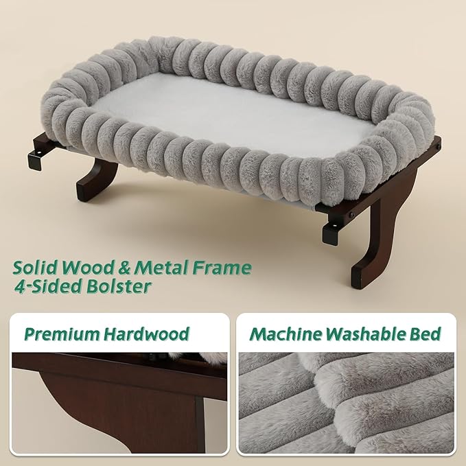 SnugCloud Cat Window Perch with 4-Sided Bolster - Orthopedic Cat Hammock for Window Sill - Solid Hardwood & Metal Frame - Window Seat for Pets (Dark Stained Wood w/Gray Bed, Medium)