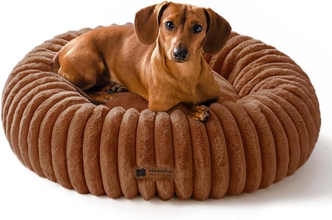MEWOOFUN Donut Dog Beds for Small Dog, Calming Bed Round Cute Puppy Bed with Non-Slip Bottom, Fluffy Washable Pet Bed for Puppy and Kitten (Dark Brown, S (25x25x7))