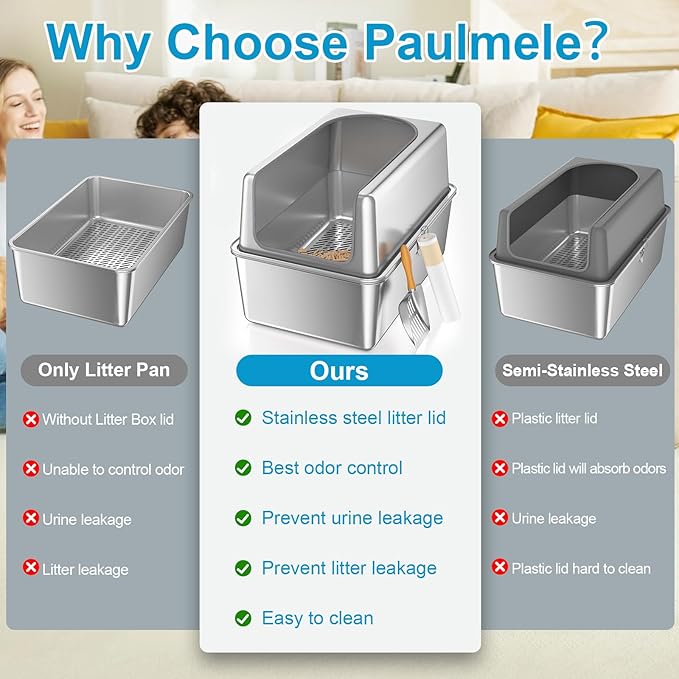 XXL All Stainless Steel Sifting Litter Box with Lid,Sifting Cat Litter Box for Wood Pine Pellets,16''High Sides Sifter Litter Pan System,Odor Control,Easy to Clean,with Liners and Scoop