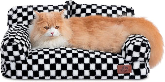 Hollypet Fluffy Plush Dog Cat Pet Couch Soft Calming Sofa Bed for Medium Small Cats and Dogs, Black and White