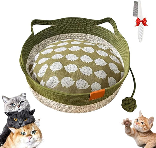 Stimulicat Cat Bed, Stimulicat Handwoven Cat Basket, Foldable Round Cotton Rope Cats Beds with Toy Tail and Built-in Scratching Pad, Scratch Resistance Easy to Clean (Green+Cushion, Medium)