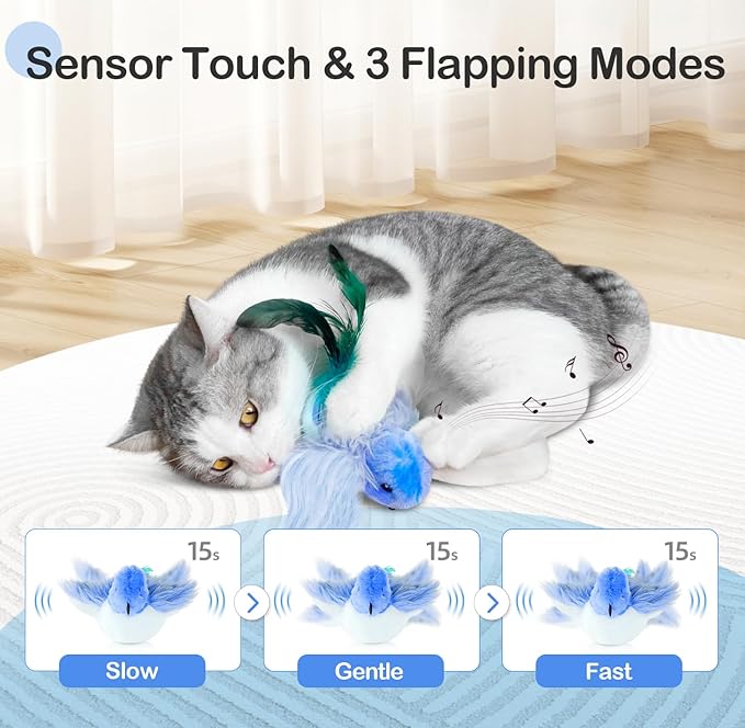 Migipaws Interactive Flapping Bird Cat Toys with Rod, clamp, Elastic String and Catnip, Automatic Chirping Toys for Indoor Cats to Chase, Hanging Feathers for Kitten to Self Play,Rechargeable(Blue)