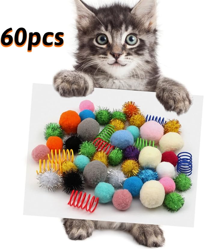 60 Pack Cat Toys - Assorted Kitten, Mouse, Crinkle & Pom Pom Balls