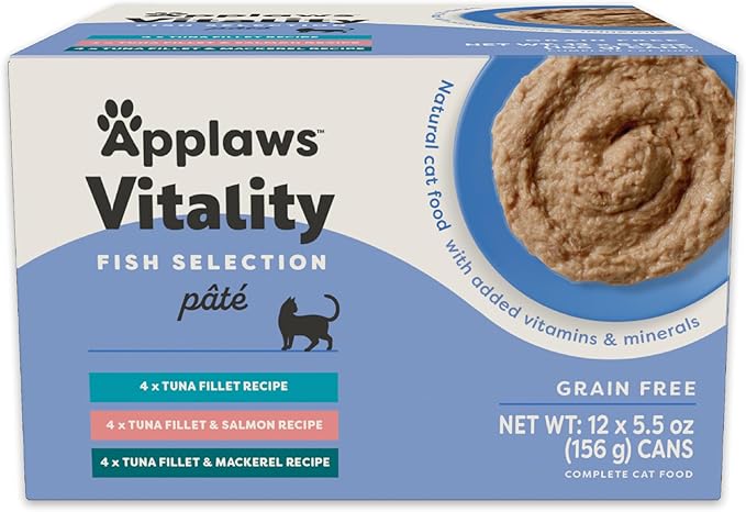 Applaws Vitality Wet Cat Food Paté, Natural Canned Cat Food, Wet Food for Cats with Added Vitamins and Minerals, Grain Free, Carrageenan Free, Fish Variety Selection Paté (12 Count, 5.5 oz Cans)