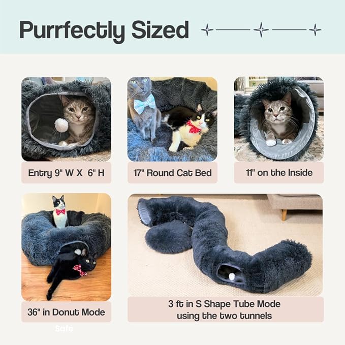 Cat Tunnels for Indoor Cats Large – Fluffy Donut Tunnel Bed with Soft Mat & Plush Toy – Peekaboo Cat Cave Bed for Napping & Play – Dark Gray, The Cat Park