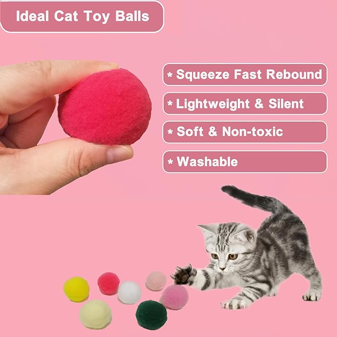 Soft Pom Pom Cat Toys - Plush Interactive Balls for Kittens & Indoor Cats, DIY Craft Decorations - Multi-Purpose Play, Training & Sensory Enrichment (1.2" 50pcs + 1.6" 30pcs)