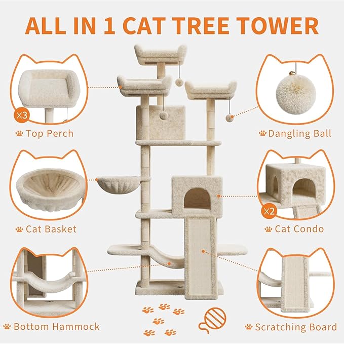 68.5 Inch Multi-Level Cat Tree, Plush Cat Tower with Condo/Sisal Scratching Posts/Hammocks/Basket/Dangling Ball/Platform, Heavy Duty Cats Tree to Play and Sleep, 2605#Beige