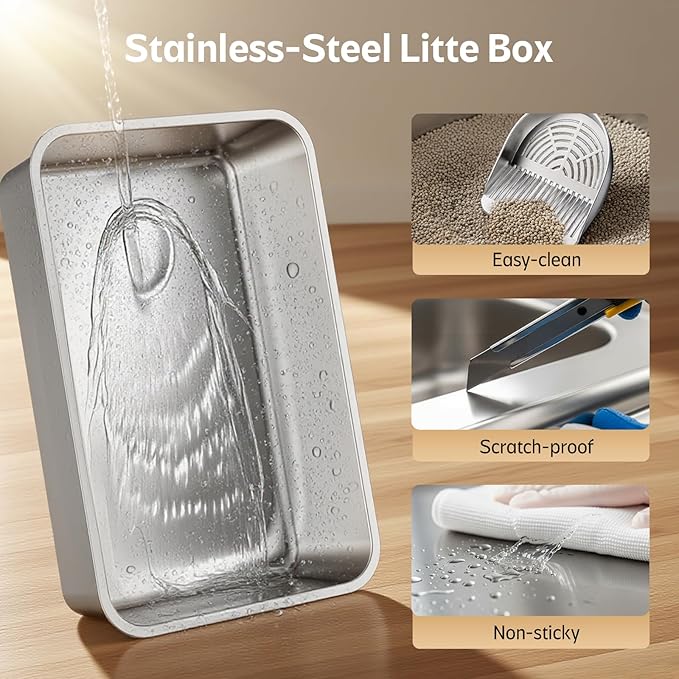 Stainless Steel Litter Box with Lid, XL Large Metal Box for Cats 180° Flip Cover, Non-Odor Enclosure Litter Box with Litter Scoop and Litter Mat (Non-Sticky, Easy to Clean, Anti-Urine Leakage)
