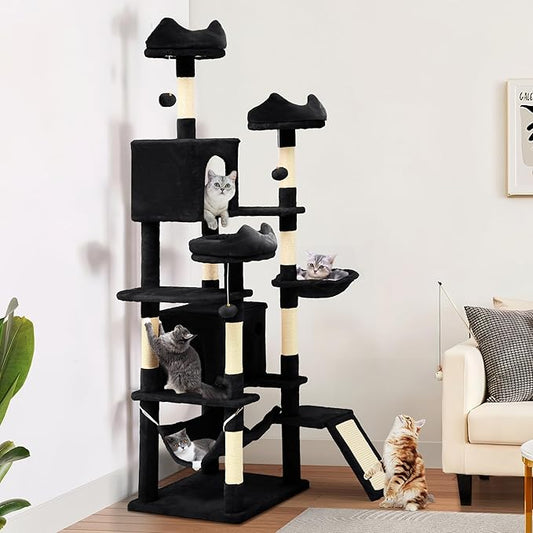 YITAHOME Tall Cat Tree for Indoor Cats, 75 inch Multi-Level Cat Tower with Cat Condos, Top Perches, Sisal Ramp Scratching Posts, Cozy Basket, Hammocks, Large Cat Pet Activity Structure, Black