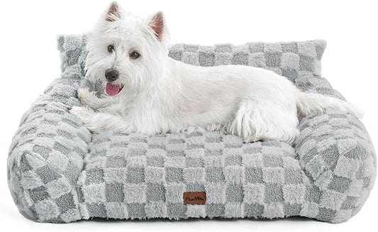MADE 4 PETS Cat and Dog Couch Bed, Soft Faux Fur Checkered Pet Sofa, Cozy Fluffy Pet Sofa with Supportive Foam, Removable Washable Cover with Non-Slip Base, Gray, Medium