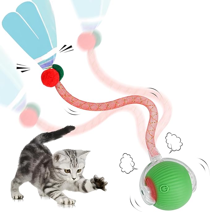 Interactive Cat Toy Ball for Indoor Cats, 2025 New Fast Self Rolling Ball Cat Toy on Carpet, Smart Interactive Automatic Cat Toy Ball for Gifts, Moving Cat Toy with Elastic Mesh Tail(Green)