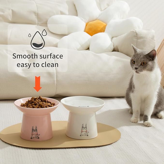 OMAYKEY 6.5 Inch Extra Wide Ceramic Raised Cat Bowls, Elevated Cat Bowl for Food and Water, Wide Shallow Cat Food Feeder Dishes, Whisker Fatigue, Protect Spine, White & Pink