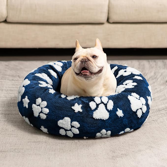 Donut Dog Beds for Small Dogs, Calming Round Cat Beds for Indoor Cats, Cute 3D Textured Paw Pet Bed with Removable Washable Cover and Anti-Slip Bottom（Navy Blue，20"）