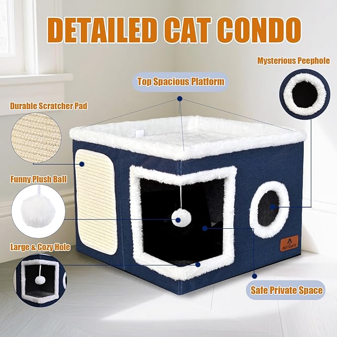 Cat Beds for Indoor Cats - Foldable Cat Hideaway with Hanging Fluffy Ball and Scratch Pad, Large Cat Bed Cave with Reversible Cushion for Multi Small Pet Kitten, Blue