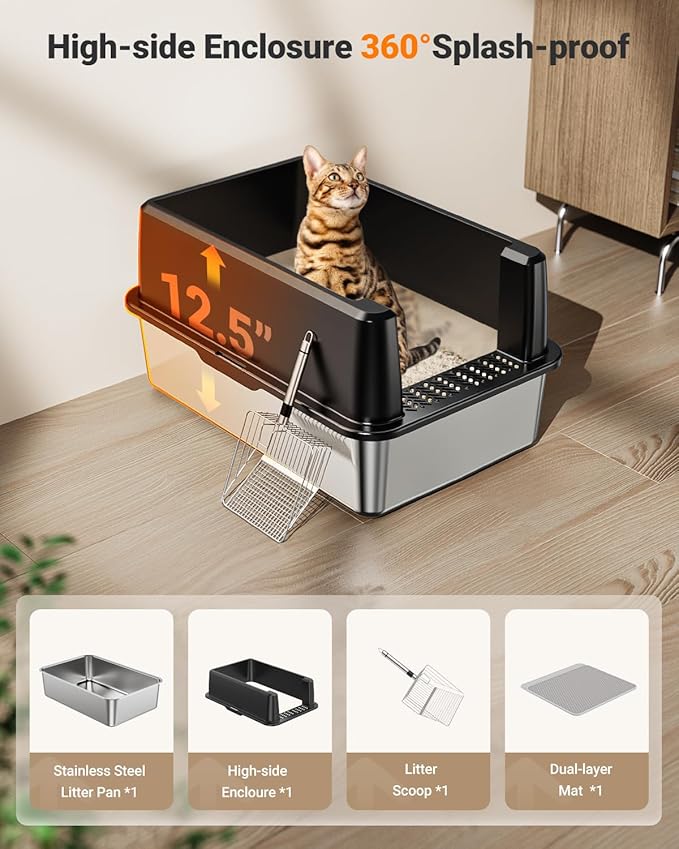 XL Stainless Steel Litter Box, Large Metal Cat Litter Box with High Sided for Big Cats, Enclosed Litter Boxes with Lid, Easy-Clean Cat Litter Mat & Scoop Kit, Anti-Urine Leakage (Black)