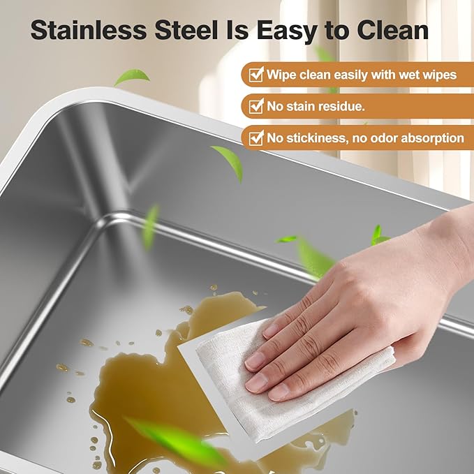 Stainless Steel Cat Box, XL Extra Large, Non-Sticky, Anti-Leakage, Metal, Easy to Clean (Grey)