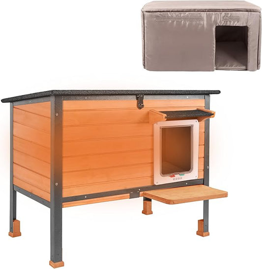Insulated cat House Outdoor Weatherproof for Winter, Feral Cat Shelter with Insulated Liner, All Round Metal Frame Wooden Condos, Indoor and Outdoor Use for Cat, Rabbit and Small Animal