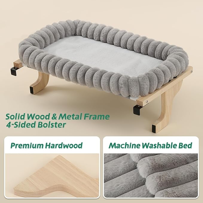 SnugCloud Cat Window Perch with 4-Sided Bolster - Orthopedic Cat Hammock for Window Sill - Solid Hardwood & Metal Frame - Window Seat for Pets (Natural Color Wood w/Gray Bed, Large)