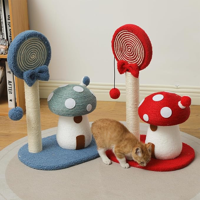 Doggie&Kittie Cat Scratching Post Cute Kitten Scratching Board Kitty Toys Mushroom Lollipop Cat Scratcher Furniture Cat Climber Climbing Tower for Indoor Cats Sisal Material (Red)