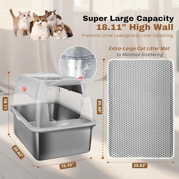 XXL Stainless Steel Sifting Litter Box with Lid, Fully Enclosed 8" Deep Metal Cat Litter Box, Leak-Proof, for Pine Pellets or Clumping Litter, for Large & Multi-Cats, with Litter Mat & Scooper & Brush